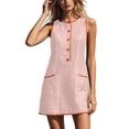 thumbnail image 2 of Wovilon Women's Round Neck Sleeveless A-Line Mini Dress, Button Front Contrast Trim Pocket Shift Top, Relaxed Lightweight Breathable Cotton Linen Blend Solid, 2 of 7