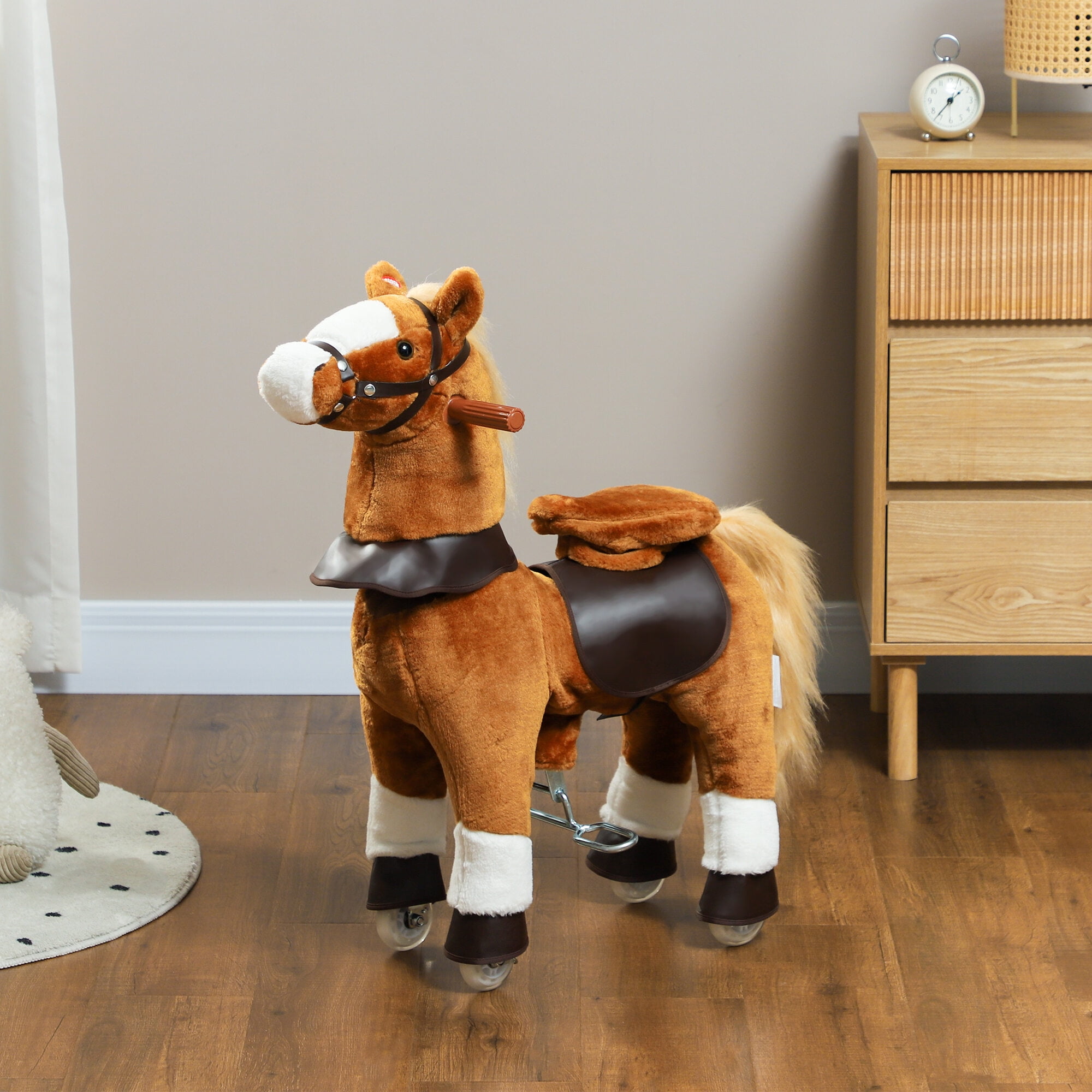 Childrens Bike, Qaba Ride on Horse, Walking Horse Toy, Kids Plush Riding Horse, Pony with Wheels & Neighing Sound for 3-5 Years Old up to 132 Pounds, Brown, Brown Kids Bike,Polyester Girls Bike