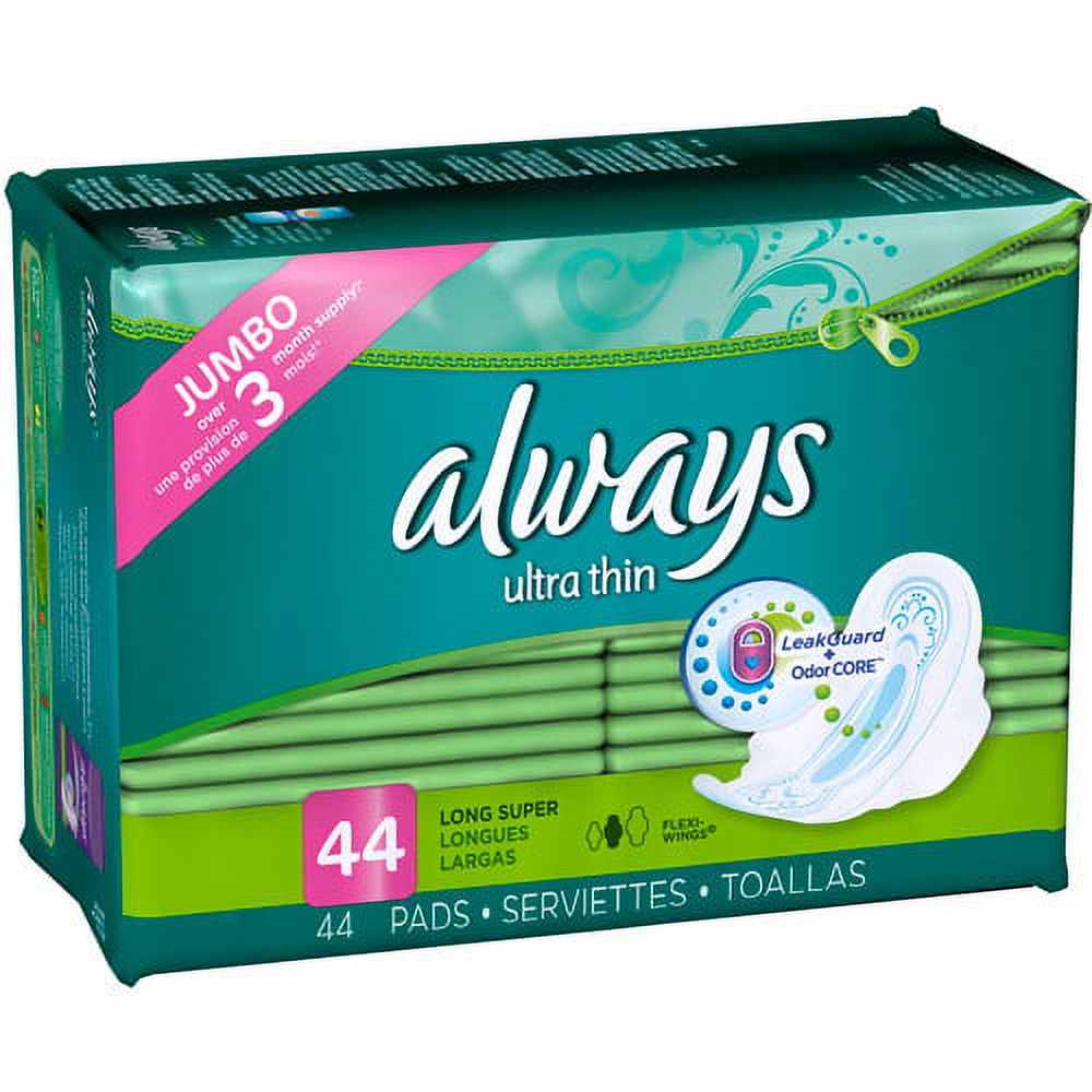 Always Ultra Thin Pads with Wings, Long, Super, 44 Count
