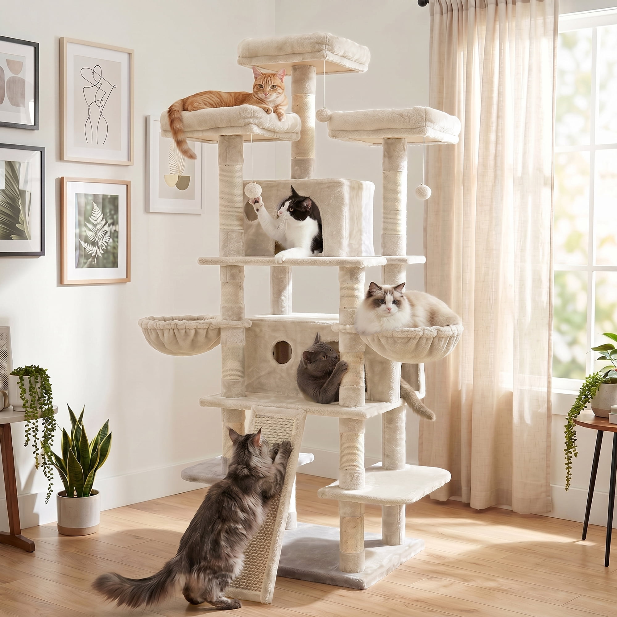 FOOWIN 70.8" Large Cat Tree, Multi-Level Cat Tower with Sisal Scratching Posts, Cat Activity Center Cat Play House, Beige
