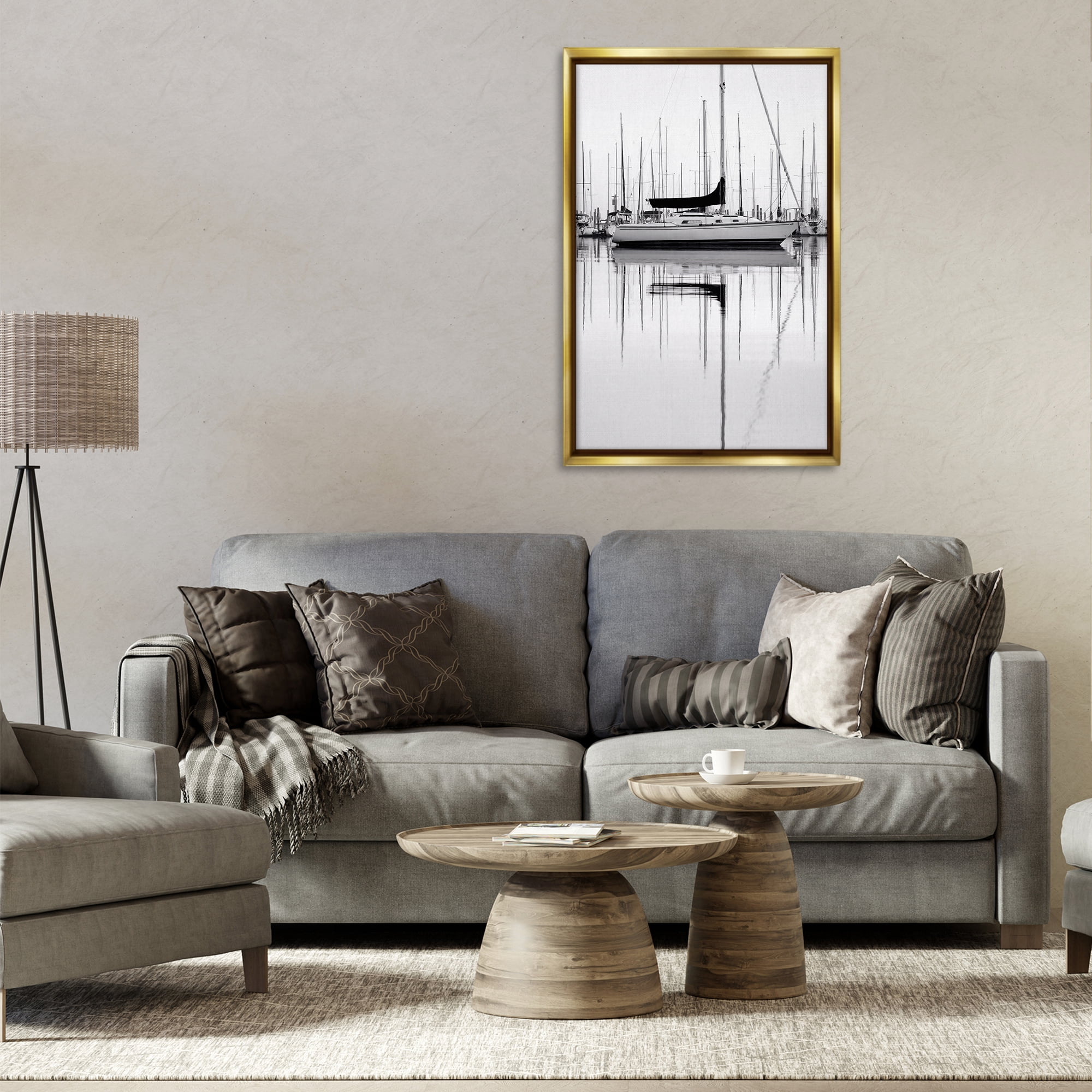 Stupell Industries Monochrome Boat Harbor Transportation Photography Gold Floater Framed Canvas Art Print Wall Art, 21 x 31