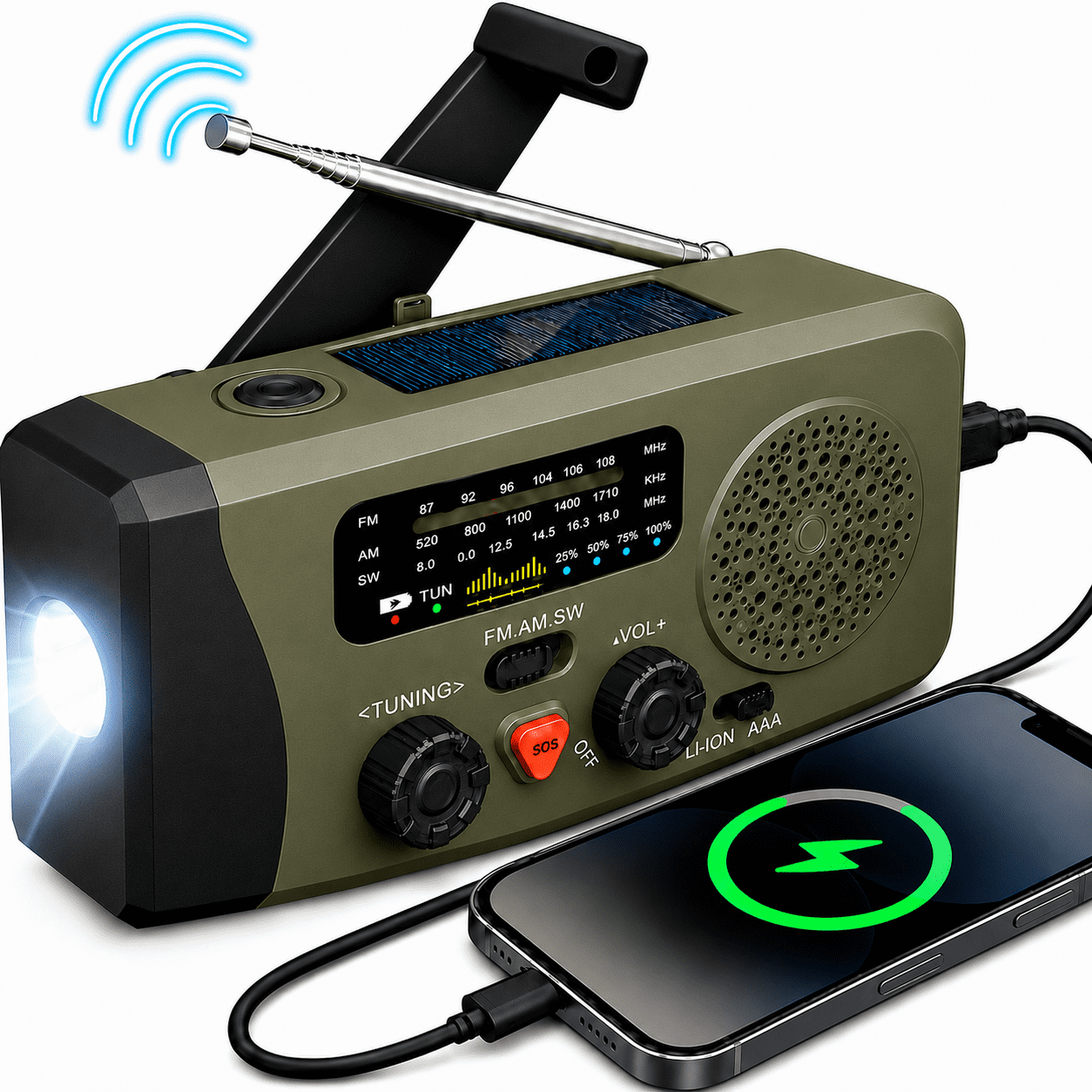 Portable Hand Crank Emergency Radio with AM FM SW, Solar and USB C Charging, LED Flashlight, SOS Alarm and Phone Charger, Olive Drab