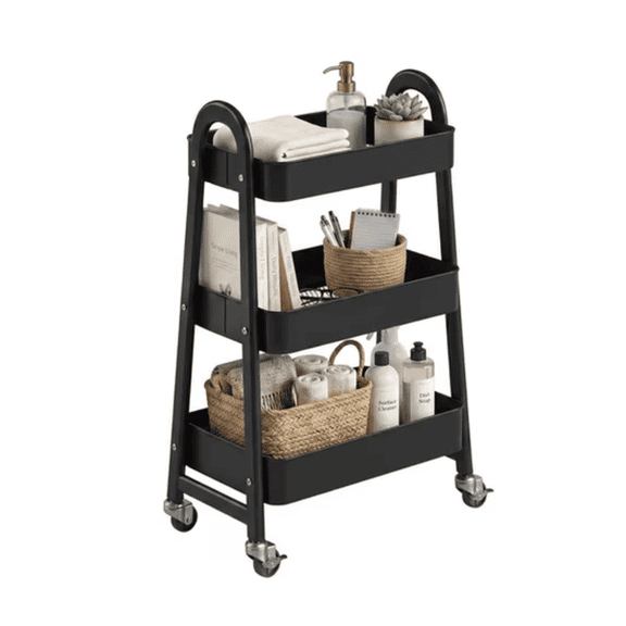 3-Tier Metal Utility Rolling Cart with Lockable 360° Swivel Wheels, Heavy-Duty Storage Organizer, Mesh Basket Shelves, Rust-Resistant Steel Frame for Kitchen, Bathroom, Office, Laundry Room, Black