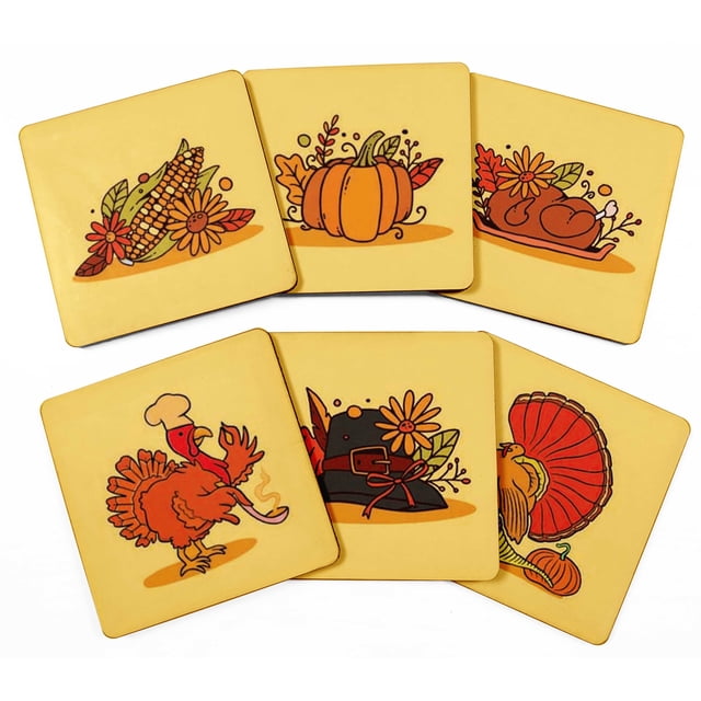 Inkdotpot Set of 6 Drink Coasters Easy Clean 4-inch SquareCoastersCork Base,Reusable,Autumn