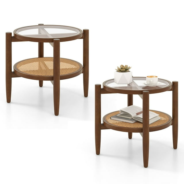 Gymax 2 Pcs Table d'Appoint Ronde à 2 Niveaux en Rotin PE avec Plateau en Verre Trempé