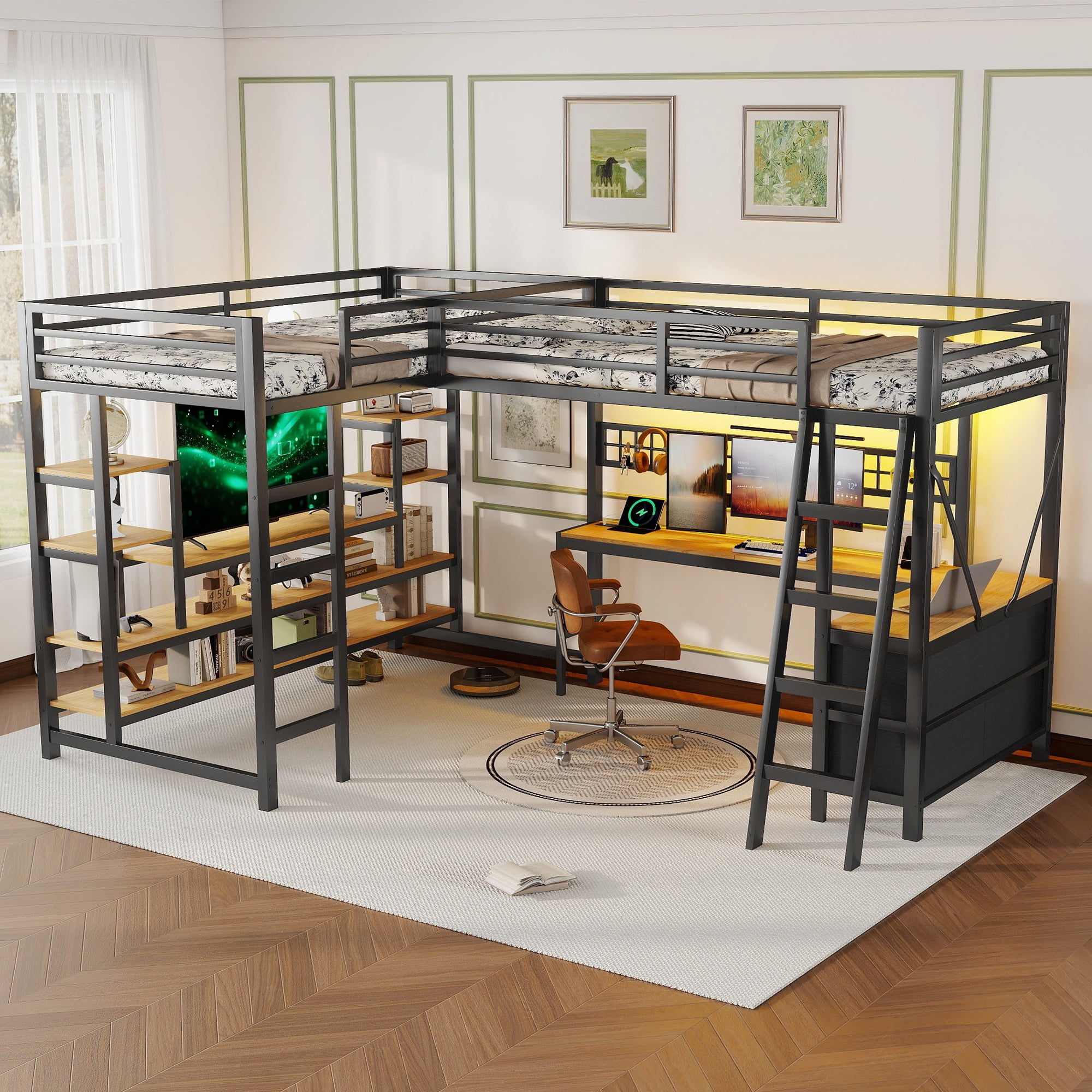 HOQBN L-Shaped Loft Bed Twin Size with 2 Built-in Desks and Show Shelves, Heavy Duty Metal Gaming Loft Bed with 5 Drawers, LED Lights, Charging Station and DIY Grid,Black