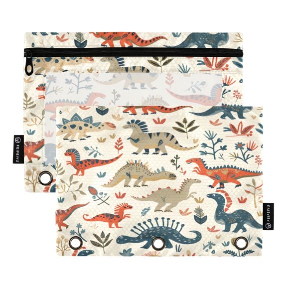 2 Pack Pencil Bag 9.84x6.1 Inch 3-Ring Page Turning Folder Zipper Pencil Case Pencil Bag Page Turning File BagColorful Dinosaur