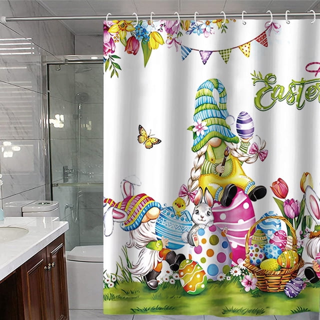Fwttom Décorations de Pâques Rideau de Douche Lapin de Pâques Œuf Salle de Bain Maison Séparation Humide/sèche Rideau de Douche Imperméable