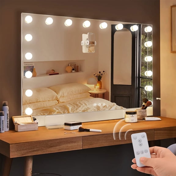 Vanity Mirror with Lights, Remote Control and Magnetic Phone Holder, 18 LED Bulbs with 3 Color Modes, Ultra Thin Hollywood Makeup Mirror, 31.5"x22.8"