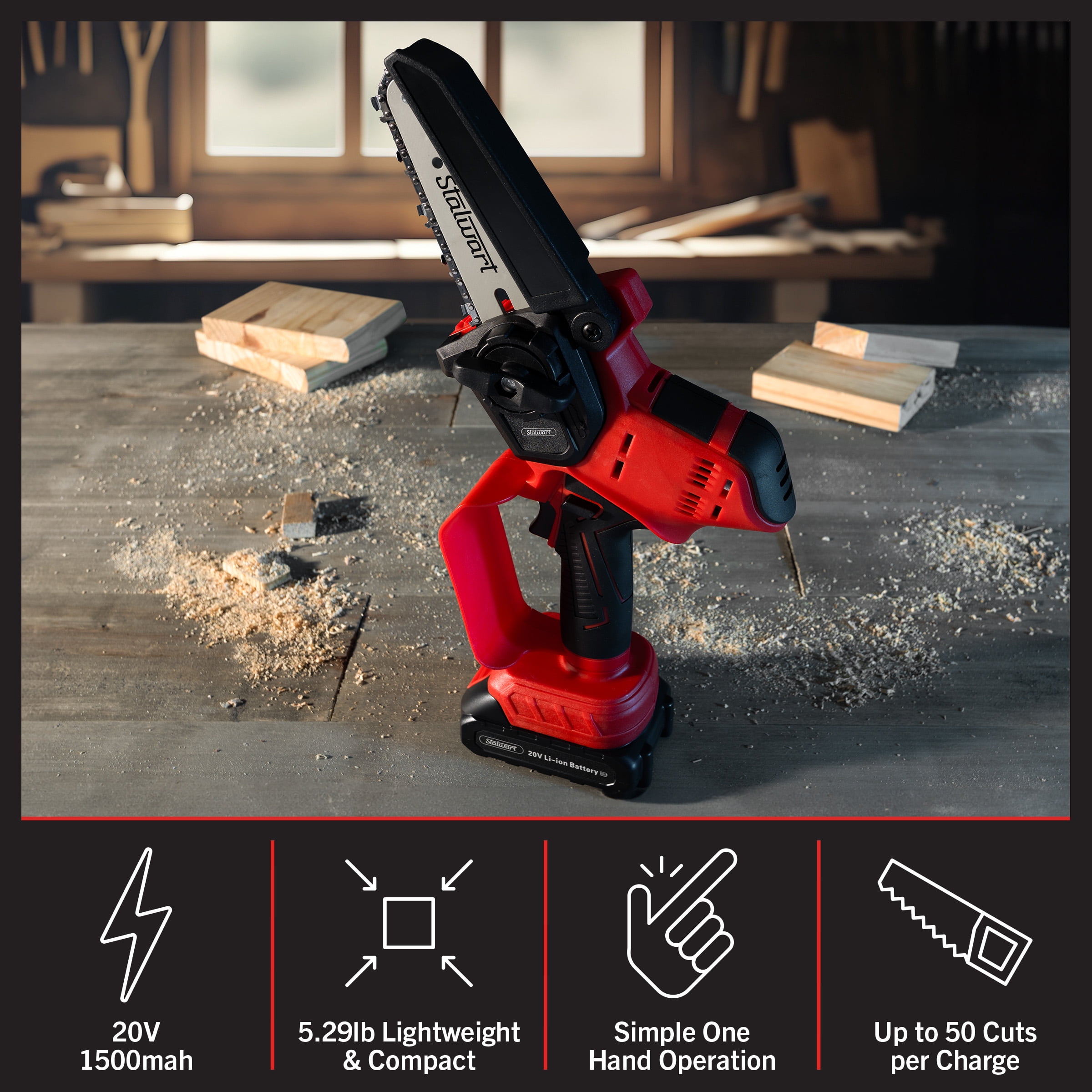 Stalwart 5-Inch Mini Chainsaw with 20V 1500mah Lithium Ion Battery (Red)
