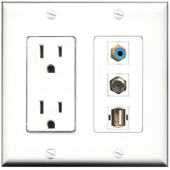 RiteAV - 15 Amp Power Outlet 1 Port RCA Blue 1 Port Coax 1 Port USB A-A Decorative Wall Plate