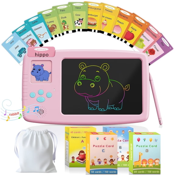 Skdwakiz 510 Sight Words Talking Flash Cards with LCD Writing Tablet for Toddlers, Kids Montessori Language Learning Toys with 255 Cards for Boys Girls Birthday Gifts, Pink