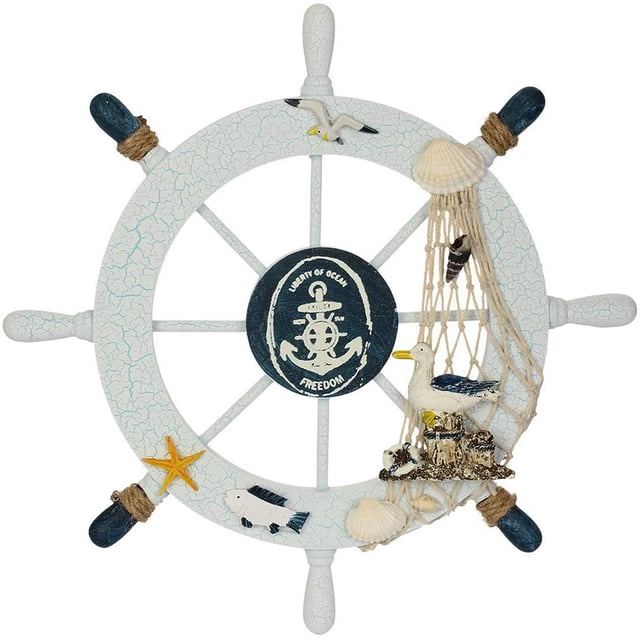 Bienvenido Rueda de barco de madera de 28CM con cuerda, barco de madera, volante náutico, timón, decoración de pared, adorno colgante para puerta