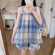 thumbnail image 4 of Traje a cuadros azul (talla única) pijama de verano para mujer, dulce estilo universitario, traje corto con tirantes de encaje a cuadros en contraste, ropa para el hogar, 4 of 8