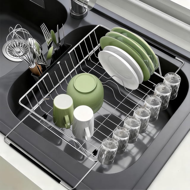 JEECOLI Escurridor De Platos En Fregadero, Escurridores de Trastes de Acero Inoxidable 304 Extensible, Escurreplatos Apto para Fregadero De Cocina De 40-59CM (Plata)