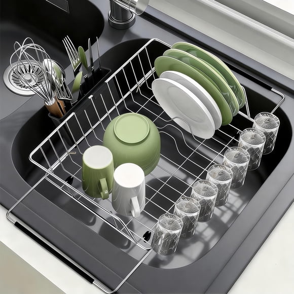 JEECOLI Escurridor De Platos En Fregadero, Escurridores de Trastes de Acero Inoxidable 304 Extensible, Escurreplatos Apto para Fregadero De Cocina De 40-59CM (Plata)