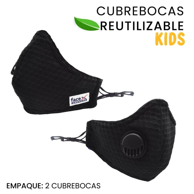 Cubrebocas Deportivo Infantil Facex American Lavables de tela 5 capas de tela protectoras Diseño 3D Negro