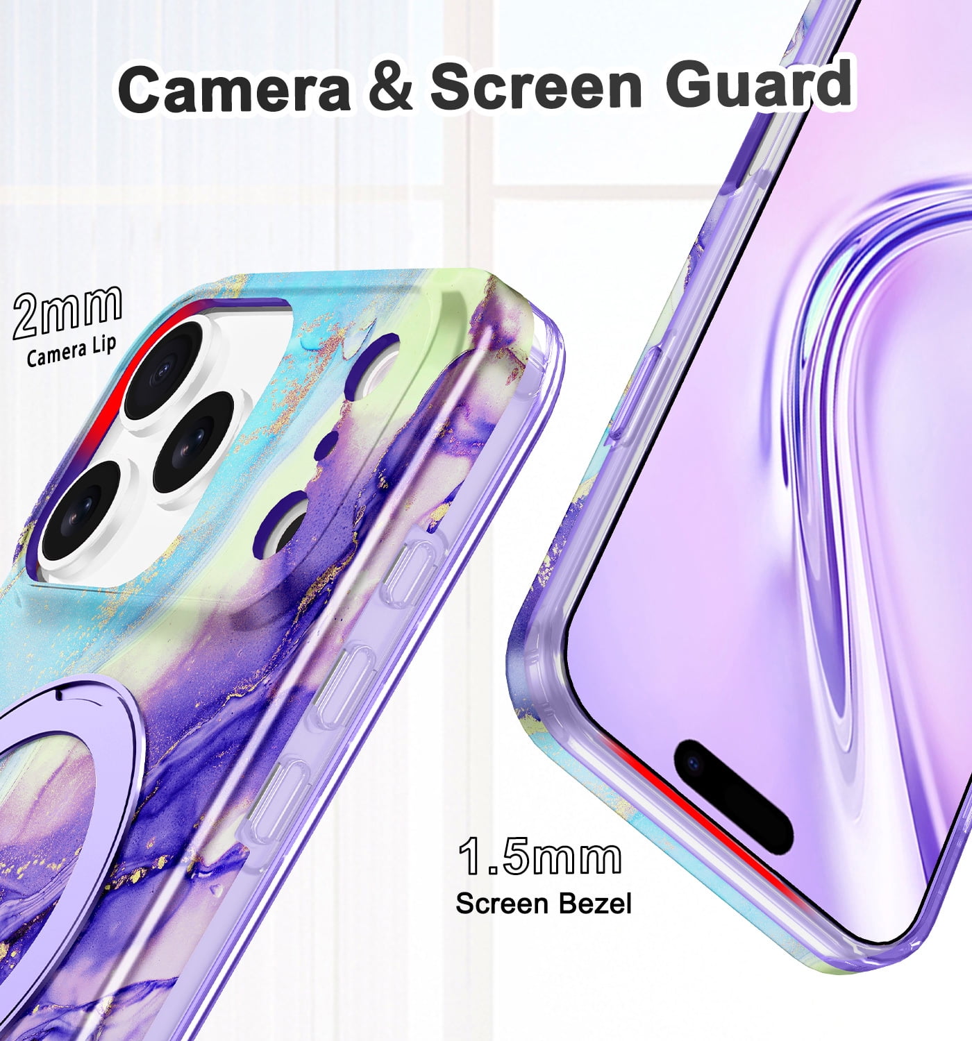 CASEFIV for iPhone 17 Pro Case with Magnetic Invisible Ring Stand [Compatible with Mag-Safe],Full Body Rugged Slim Shockproof Marble Pattern Design Casefor Women Men Girls,Violet