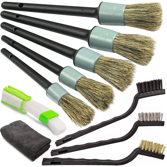 Master Detailing Brush Set - 5 Different Sizes - Free Microfiber Towel - Premium Natural Boar Hair - Handle -