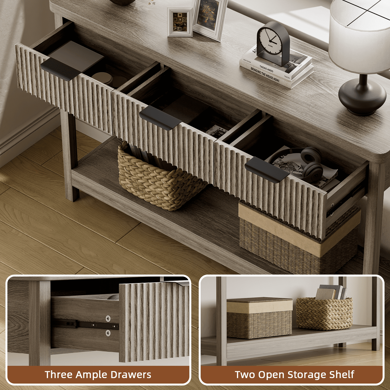 Laintene Console Table for Entryway, 51" Fluted Sofa Table with 3 Drawers and Open Shelf, Modern Narrow Display Shelf for Hallway Living Room, Gray Oak Set of 2