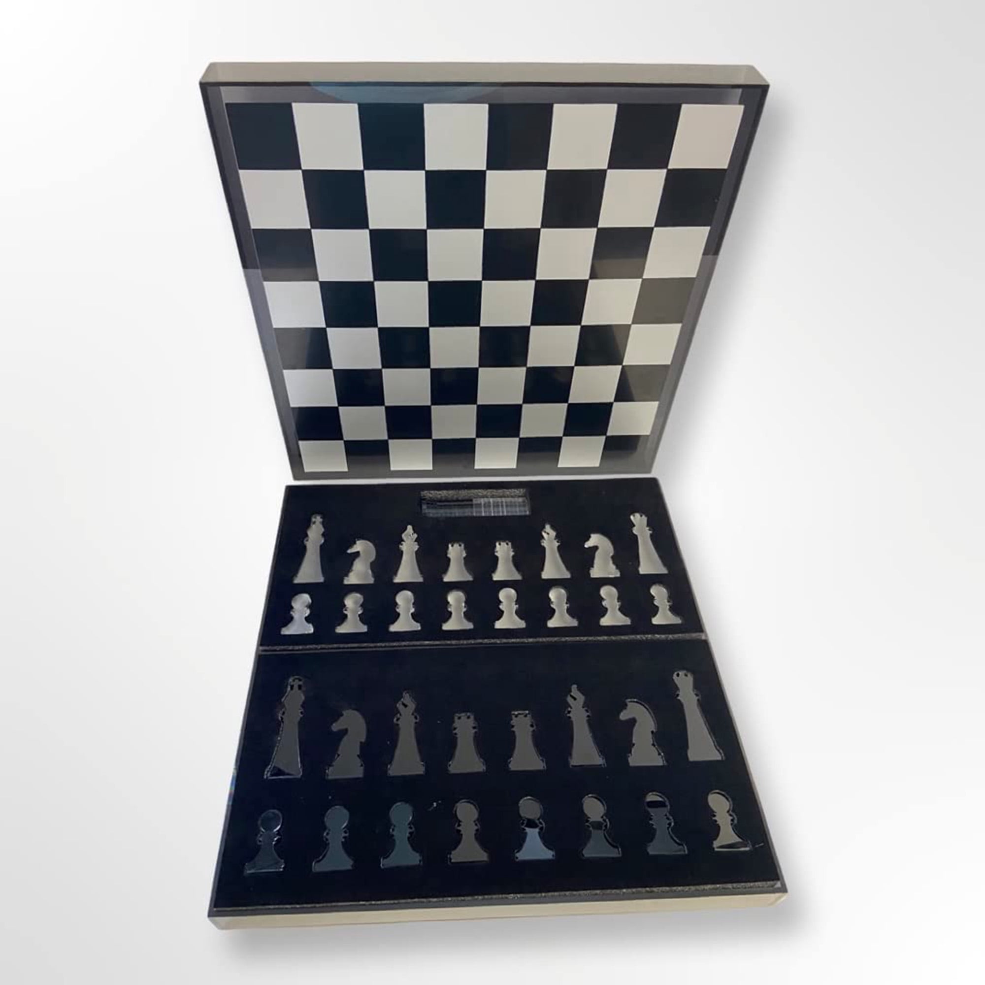 Rolling 66 Checkers & Chess Board Set with Acrylic Board & Chess Pieces, Black Silver