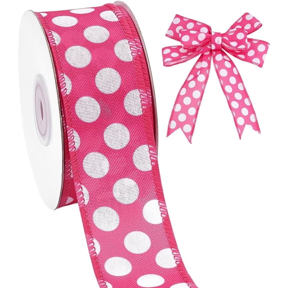 2 Rolls Polka Dot Wired Edge Ribbon 20 Yards Rose Red Ribbon with White Dots 1.5 inch Polyester Wired Ribbons
