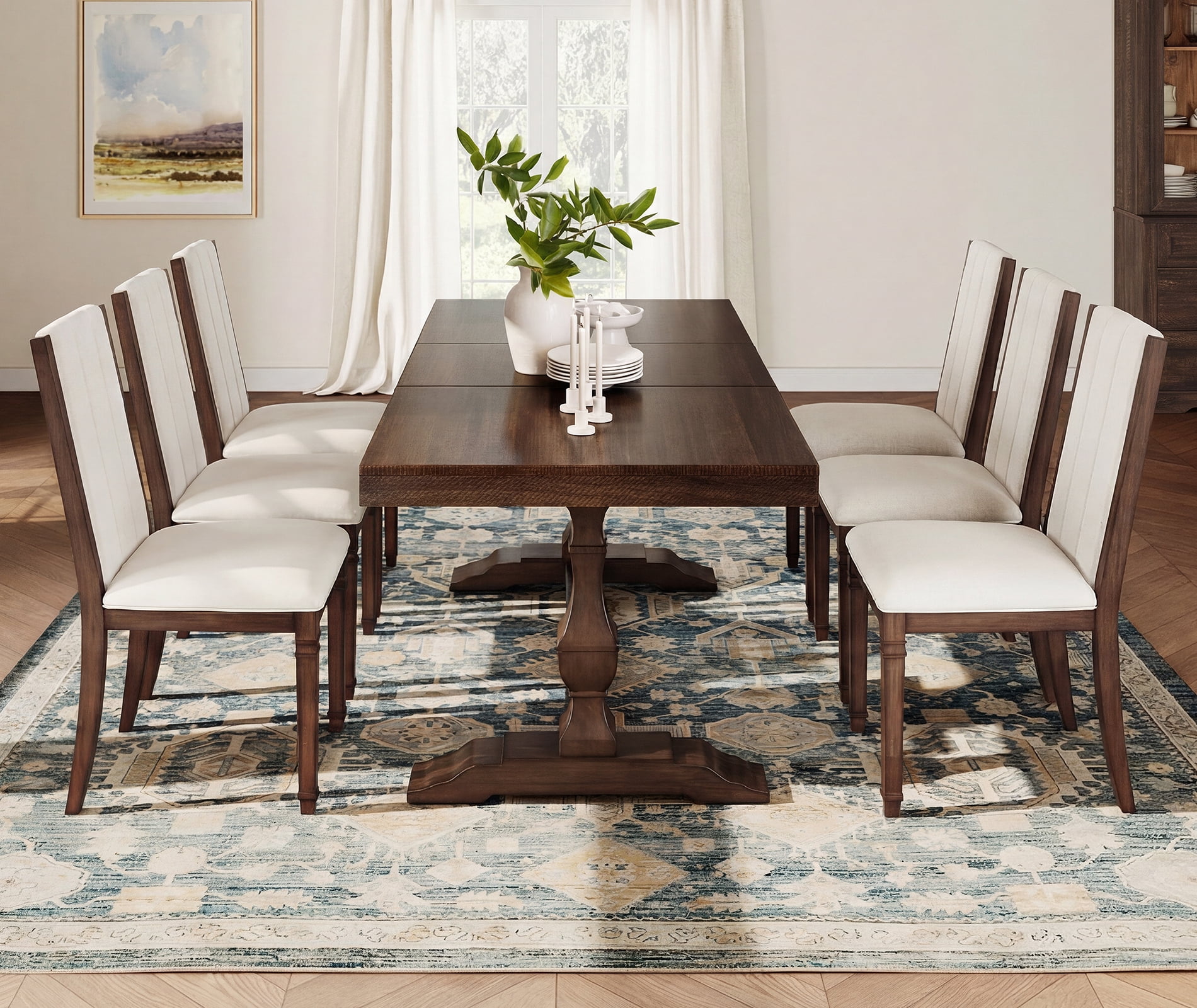 WAMPAT 7-pieces Farmhouse Dining Table Set for 6-8,74.8" Kitchen Table with Chairs,Solid Wood Legs and Upholstered Back for Dining Room & Living Room,Espresso