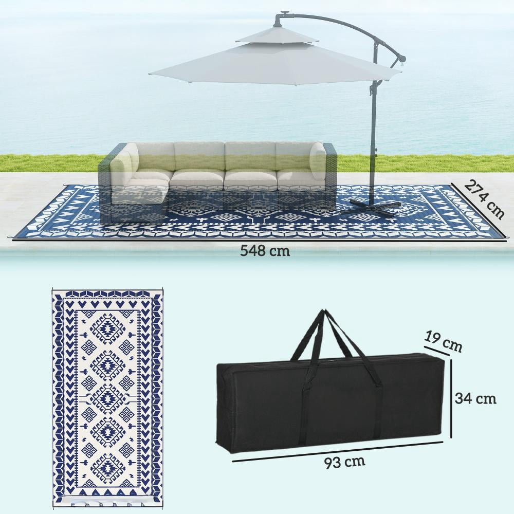 9' x 18' Blue & White Rhombus Patchwork Reversible Outdoor Patio Rug, Waterproof Portable Camping Mat with Carry Bag, Foldable RV Carpet