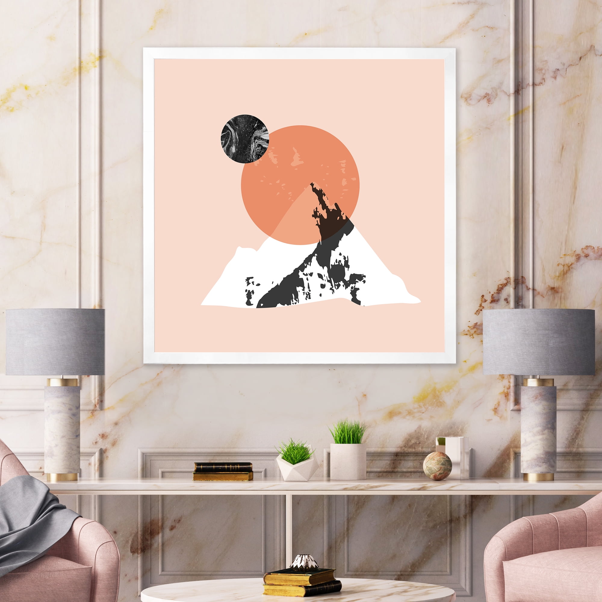Designart 'Modern Minimalist Mountain Moon and Sun' Modern Framed Art Print