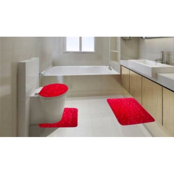 RED 3Piece Rock Memory Foam Bathroom Mat Set, Flannel Embossed Rug 19