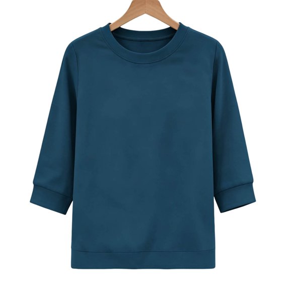 Tnhcen Women's 3/4 Sleeve Sweatshirt Solid Color Crew Neck Casual Loose Fit Pullover Top with Ribbed Cuffs Soft Fleece Winter Fall Basic Layering Piece S-2XL Plus Size
