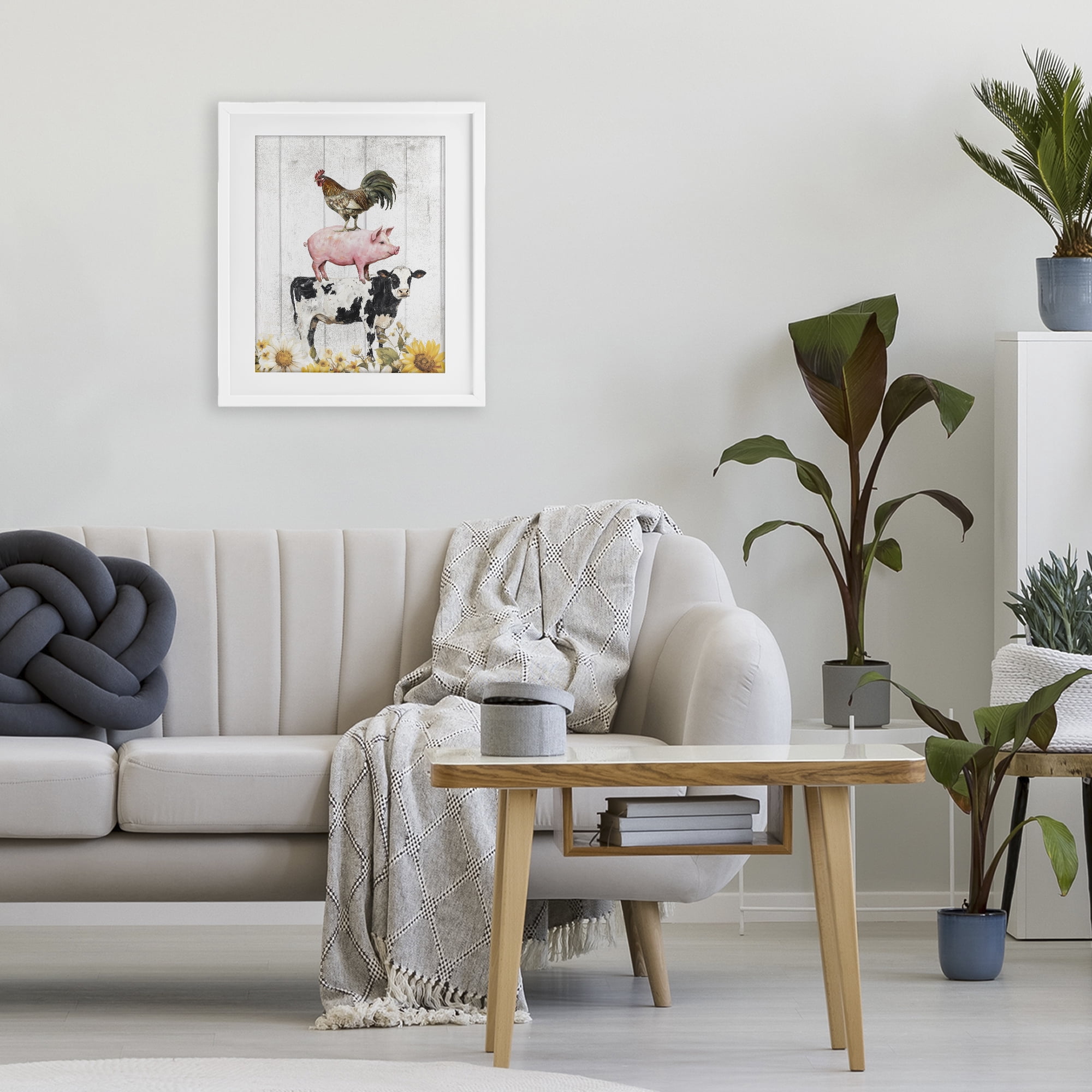 Stupell Industries Farm Animal Stack and Sunflowers White Framed Print Under Glass, design by Christine Simpson Art