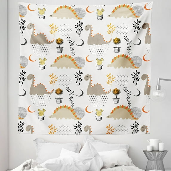 Dinosaur Tapestry, Pastel Toned Happy Animals Smiling Cartoon Style Drawing Cactus, Fabric Wall Hanging Decor for Bedroom Living Room Dorm, 5 Sizes, White Orange and Warm Taupe, by Ambesonne