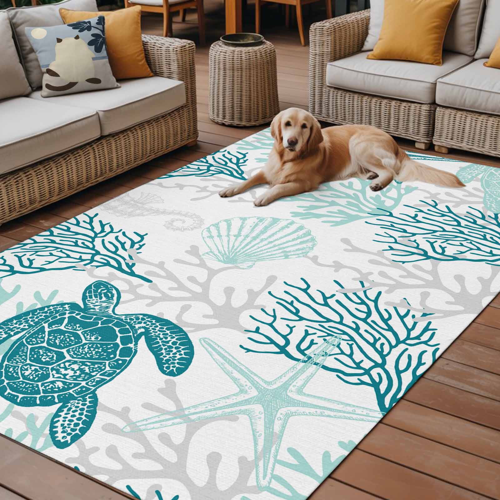 Fsddascl Turquoise Coastal Outdoor Rug for Patio/Deck, Non-Slip Large Area Rug 6 x 9 Ft, Sea Turtle Nautical Coral Summer Beach Indoor Outdoor Rugs Washable Area Rugs, Reversible Camping Rug Carpet