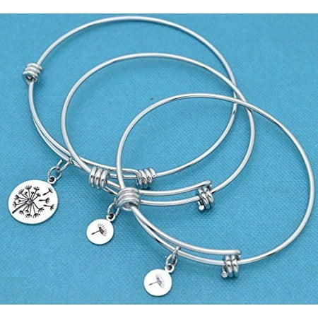 Sterling Silver Mop - Mother Daughter and two daughters bangle bracelets in silver stainless steel with sterling silver dandelion charms. Mother, two daughters.