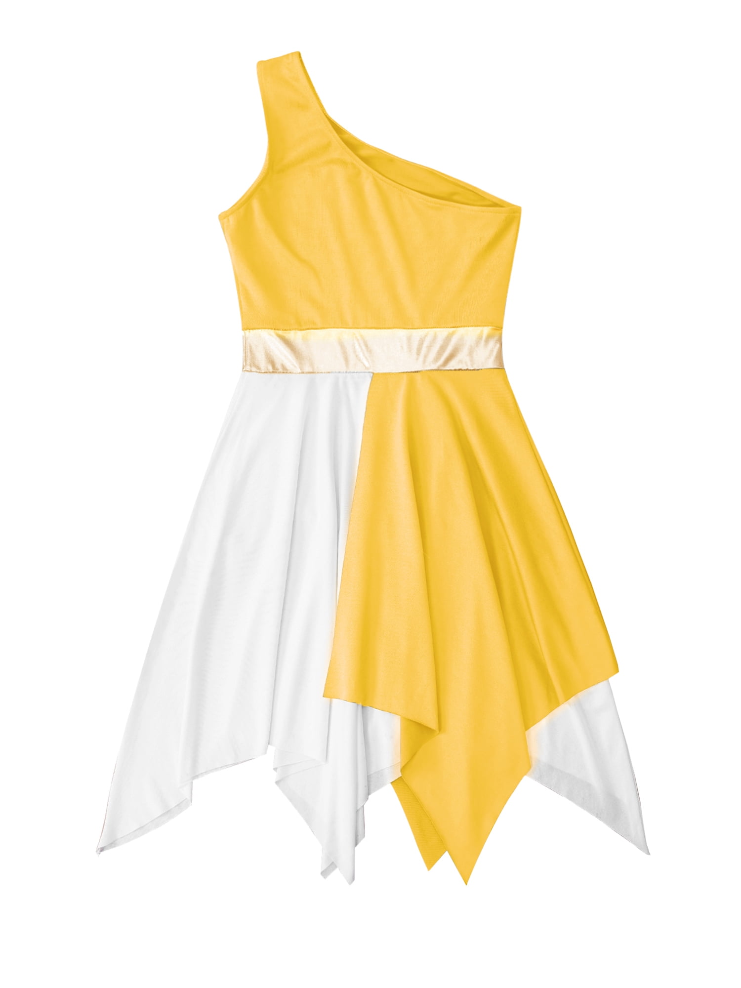 open lace back dress BCBGMAXAZRIA Women's One Shoulder Puff Sleeve Asymmetrical Midi Dress,  Yellow Cream Combo, X-Large at Amazon Women's Clothing store