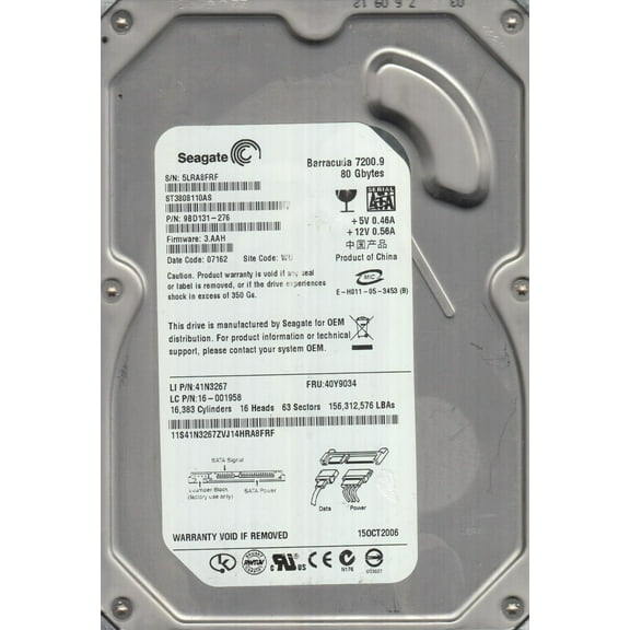 ST3808110AS, 5LR, WU, PN 9BD131-276, FW 3.AAH, Seagate 80GB SATA 3.5 Hard Drive