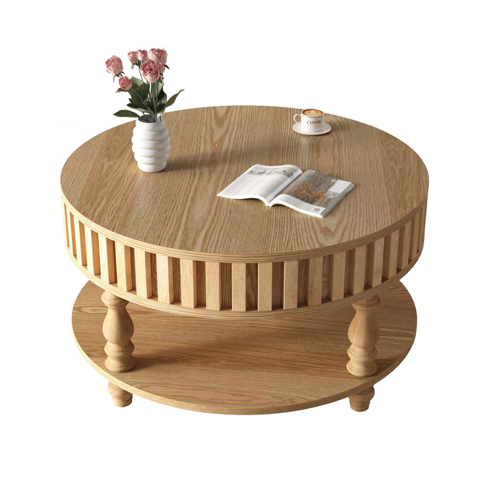 Fluted Coffee Table with Storage, 31.5" Round Coffee Table with Flip Top Lid and Shelf, Mid Century Modern Center Table for Living Room, Natural