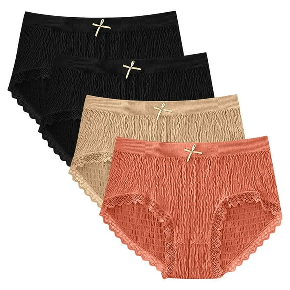 4 Pack Women Comfy Underwear Mid Waist Lace Trim Briefs Ladies Bikini Panties No Show Soft Hipster Panty