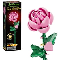 Brickcraft Pink Long Stem Rose Brick Building Kit (102-Plastic Piece Set), Valentine's Gift for His & Hers, Customizable Heart Pendant with Chain, Artificial Flower Craft