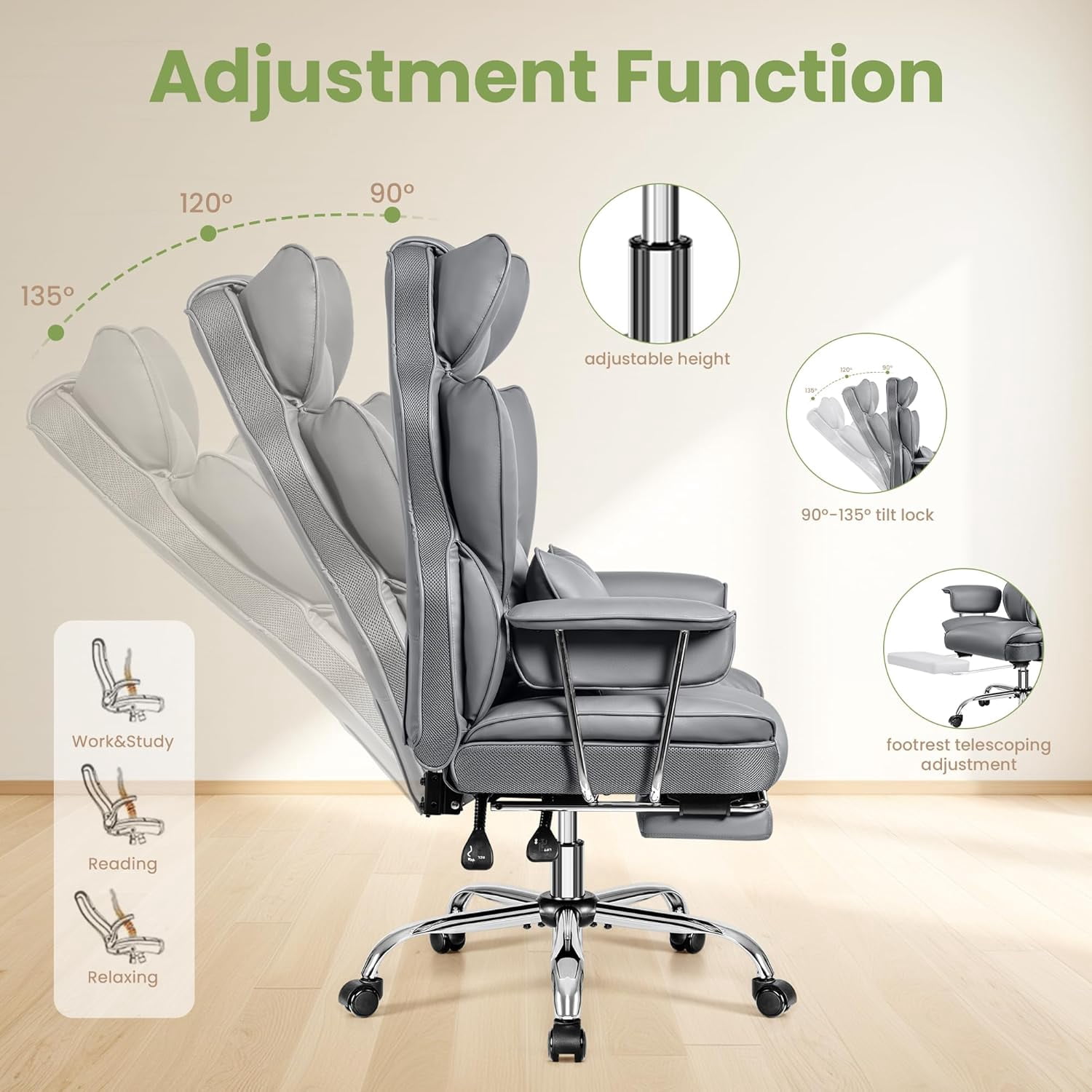 Woodty Executive Chair, PU Leather, High Back, Home Office, Gray (Set of 1)