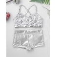thumbnail image 3 of LiiYii Kids Girls Sparkly Sequins Sports Dance Outfit Crop Tops Matching Booty Shorts 2 Piece Tracksuits Dancewear Silver 10-12, 3 of 7