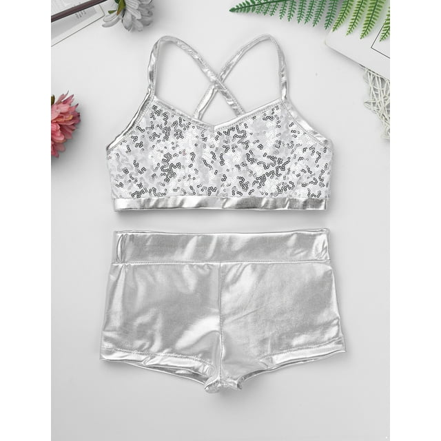 Haitryli Girls' Kids 2-Piece Active Set Dance Sport Outfits Racer Back Top and Booty Short Gymnastics Dancing Clothes Silver 12