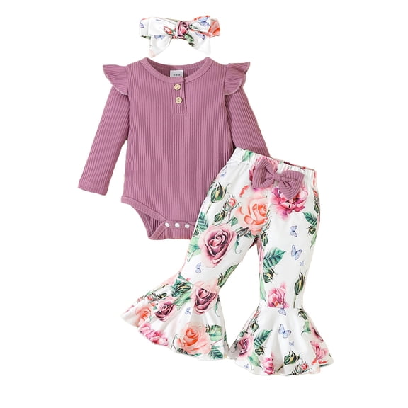 KAUOD Baby Girls Ribbed Knit Outfits 3 Piece Ruffle Long Sleeve Bodysuit Print Flared Pants Headband Spring Cute Set