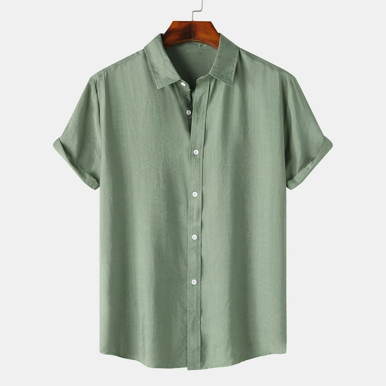 Xmmswdla Men's Cotton Linen Short Sleeve Shirts Lightweight Casual Button Down Shirts Summer Beach Spread Collar Tops Green Beach Shirts for Men, Size