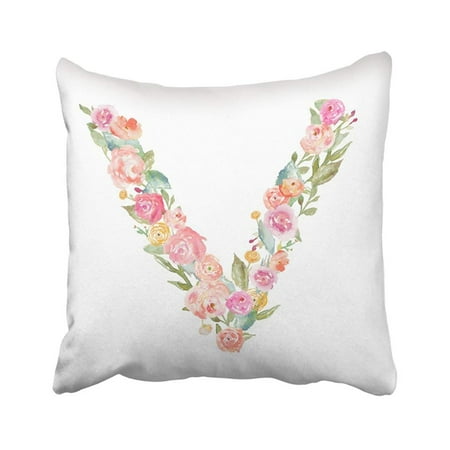 ARTJIA Watercolor Floral Alphabet Monogram Letter V Made Of Flowers Abcs Leaves Uppercase Pillowcase Pillow Cover 18x18 inches