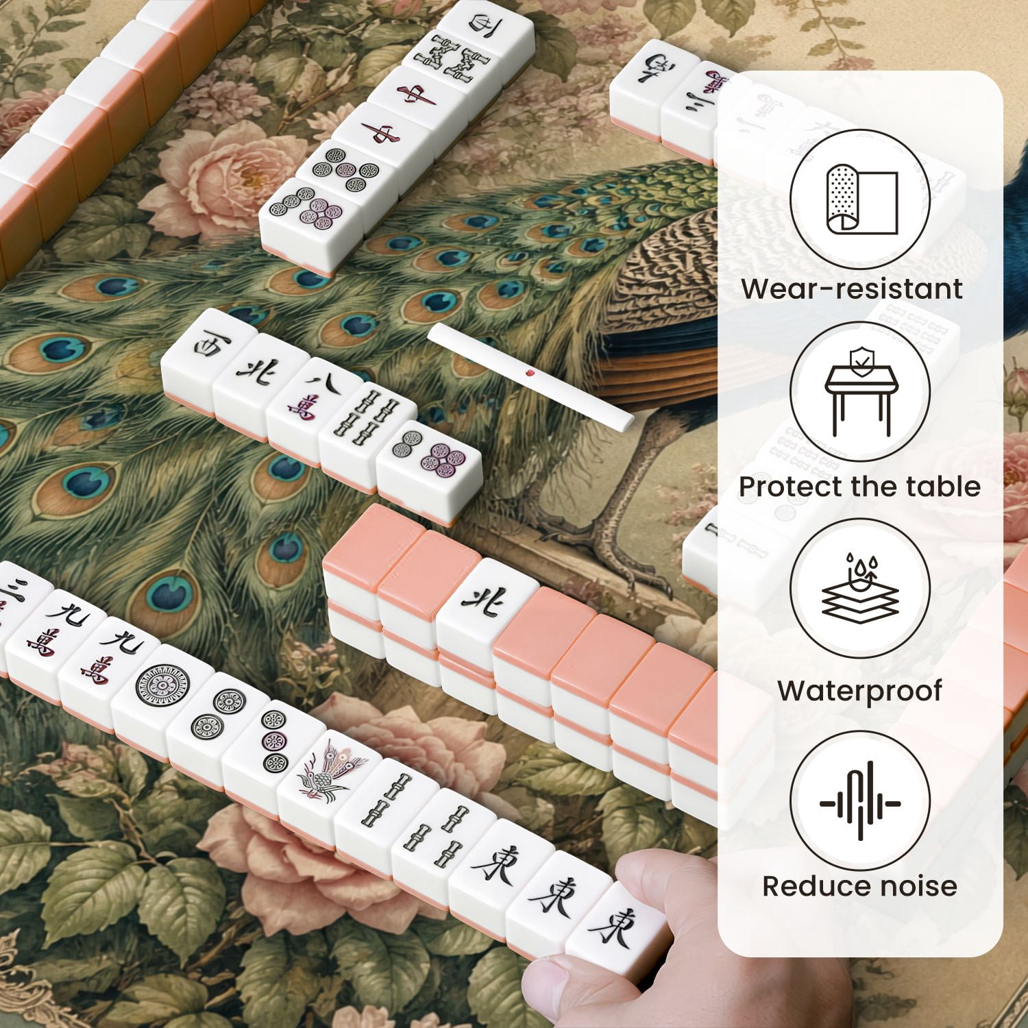 Mahjong Mat 31.5" x 31.5" Elegant Peacock Pink White Roses Vintage Non-Slip Noise Reduction Mahjong Tiles Table Cover for Dominoes Poker Card Board and Tile Games