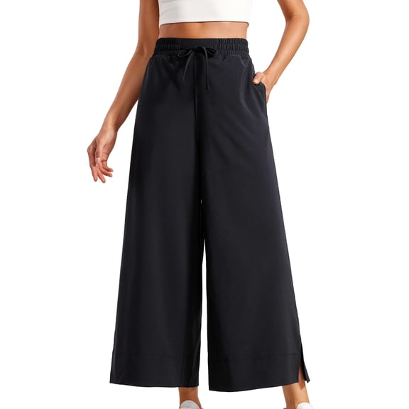 Women's Cropped Wide Leg Palazzo Pants High Waist Elastic Drawstring Casual Lightweight Trousers with Pockets Waisted Flowy Beach Trousers