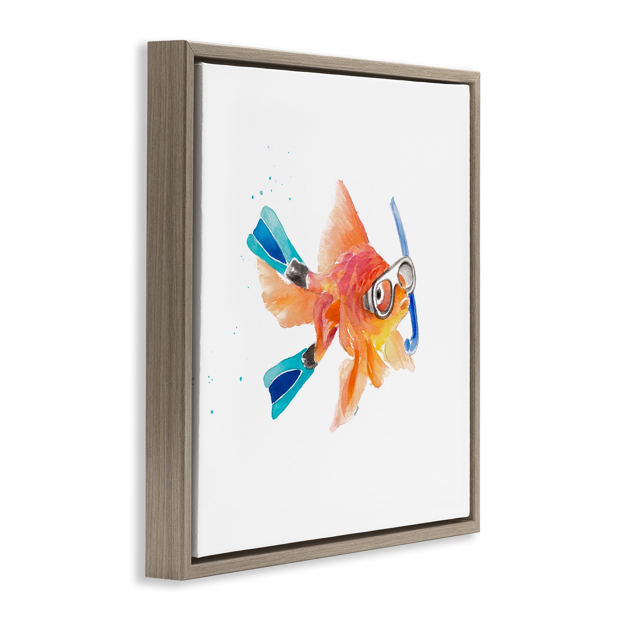 Stupell Industries Goldfish Pet Snorkel Gear Animals & Insects Painting Brown Floater Framed Canvas Art Print Wall Art, 25 x 25