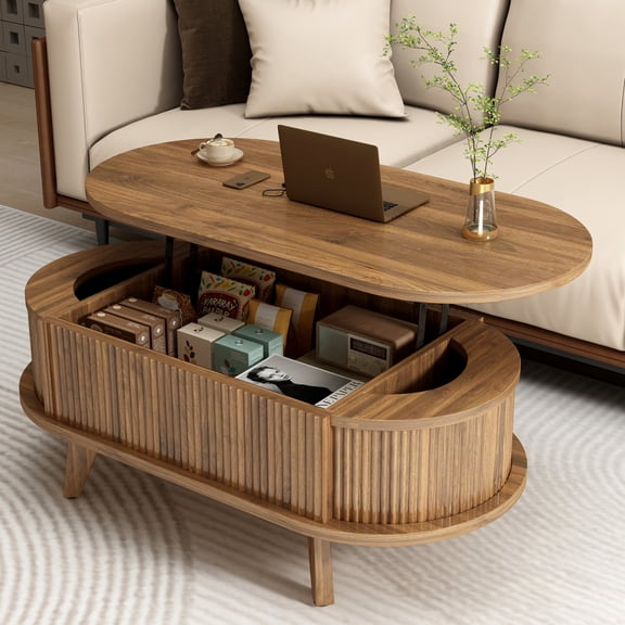 Toauuo Fluted Lift Top Coffee Table, Walnut Brown Wooden Oval Modern Center Table with Hidden Compartment, Hydraulic Lift Tabletop for Living Room Office